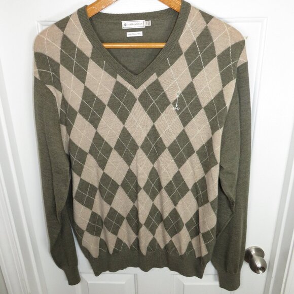 Peter Millar 100% Merino Wool Argyle V-Neck Sweater Men's LG Carmel CC Lamp Post - Picture 1 of 5
